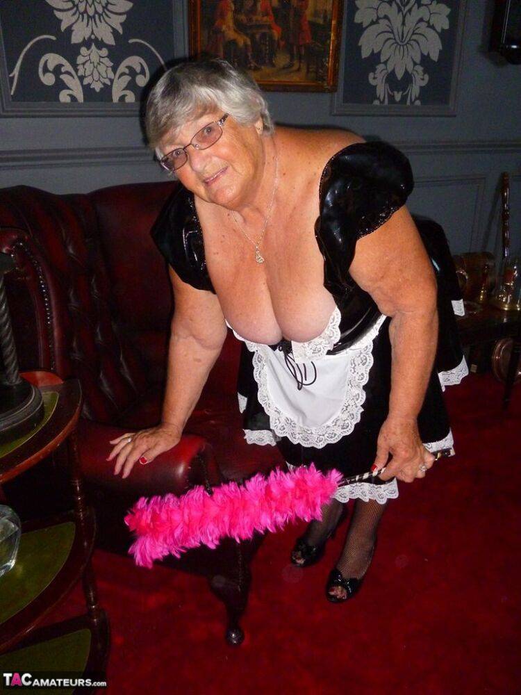 Fat old maid Grandma Libby doffs her uniform to pose nude in stockings - #11