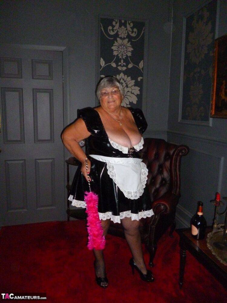 Fat old maid Grandma Libby doffs her uniform to pose nude in stockings - #6