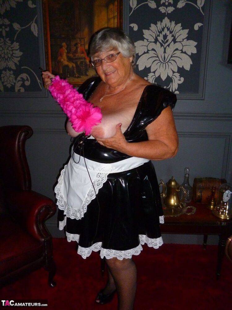 Fat old maid Grandma Libby doffs her uniform to pose nude in stockings - #2