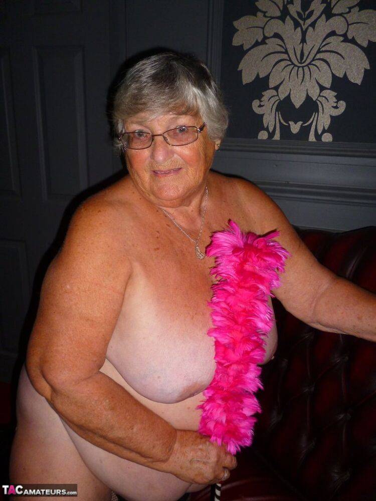 Fat old maid Grandma Libby doffs her uniform to pose nude in stockings - #14