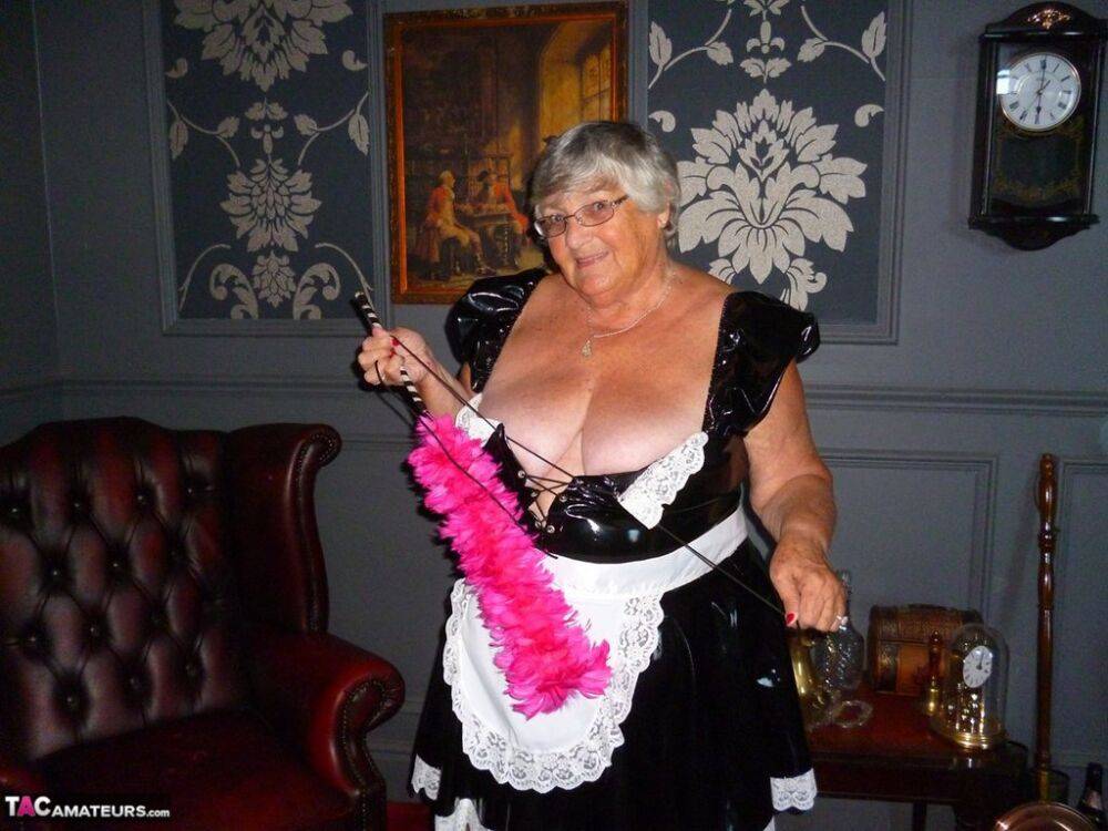 Fat old maid Grandma Libby doffs her uniform to pose nude in stockings - #16