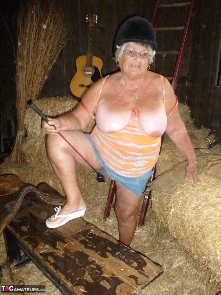 Fat oma Grandma Libby gets naked in a barn while playing acoustic guitar - #15