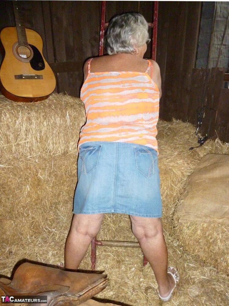 Fat oma Grandma Libby gets naked in a barn while playing acoustic guitar - #13