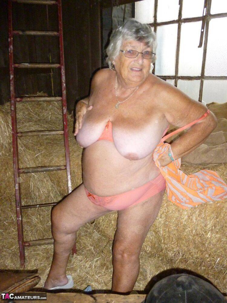Fat oma Grandma Libby gets naked in a barn while playing acoustic guitar - #12