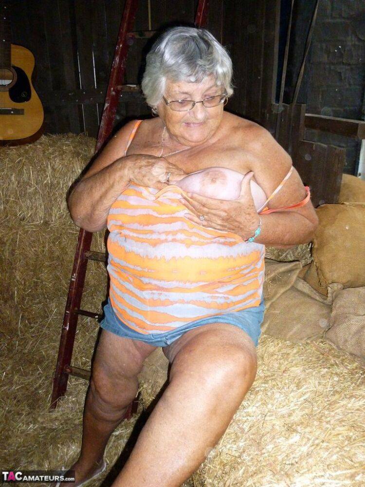 Fat oma Grandma Libby gets naked in a barn while playing acoustic guitar - #11