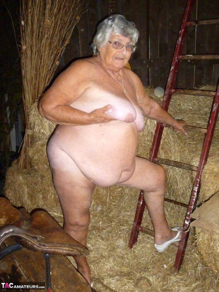 Fat oma Grandma Libby gets naked in a barn while playing acoustic guitar - #16