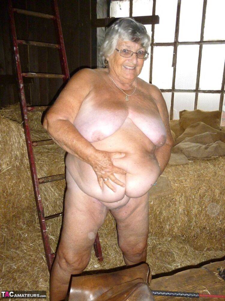 Fat oma Grandma Libby gets naked in a barn while playing acoustic guitar - #1