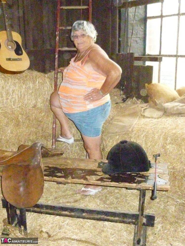 Fat oma Grandma Libby gets naked in a barn while playing acoustic guitar - #6