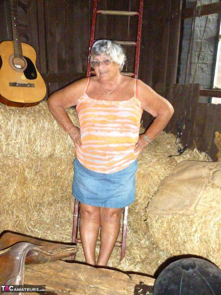 Fat oma Grandma Libby gets naked in a barn while playing acoustic guitar - #8