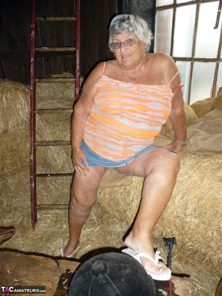 Fat oma Grandma Libby gets naked in a barn while playing acoustic guitar - #5