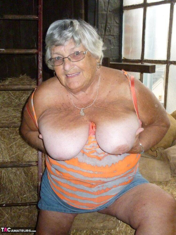Fat oma Grandma Libby gets naked in a barn while playing acoustic guitar - #10
