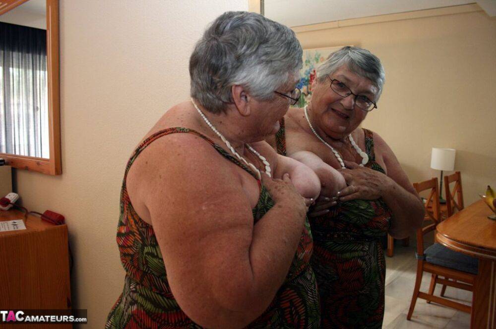 Silver haired granny Grandma Libby exposes her obese figure afore a mirror - #14