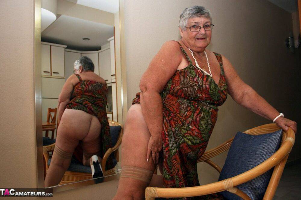 Silver haired granny Grandma Libby exposes her obese figure afore a mirror - #11