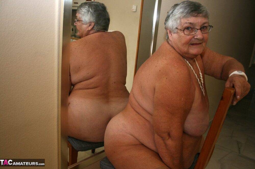 Silver haired granny Grandma Libby exposes her obese figure afore a mirror - #8