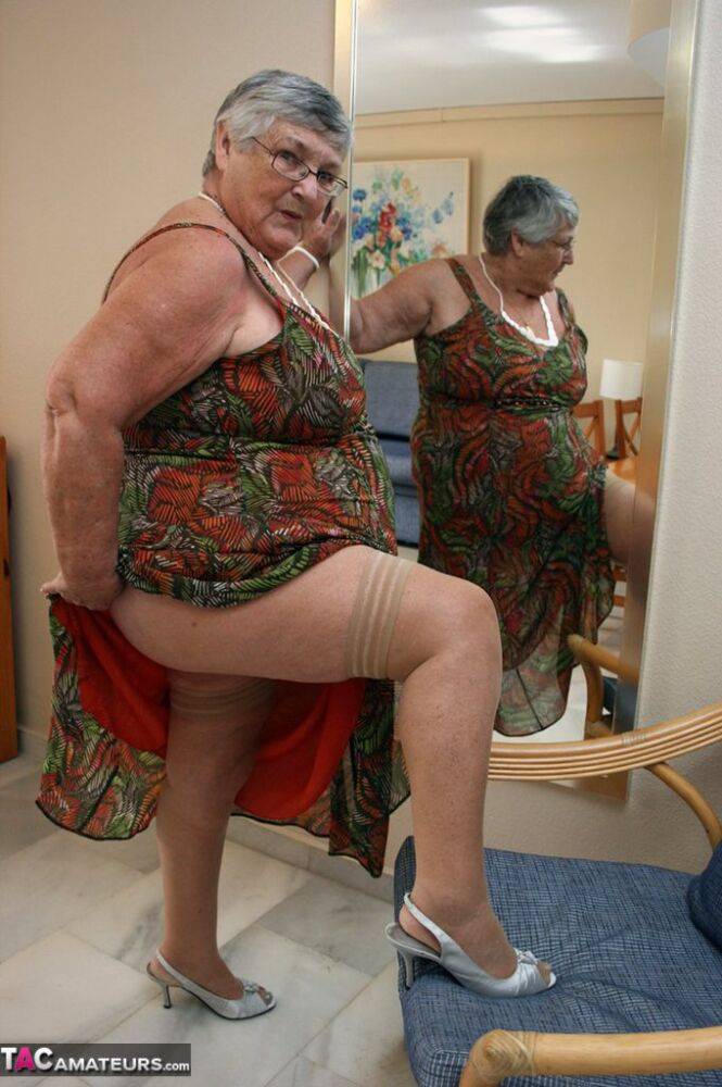 Silver haired granny Grandma Libby exposes her obese figure afore a mirror - #2