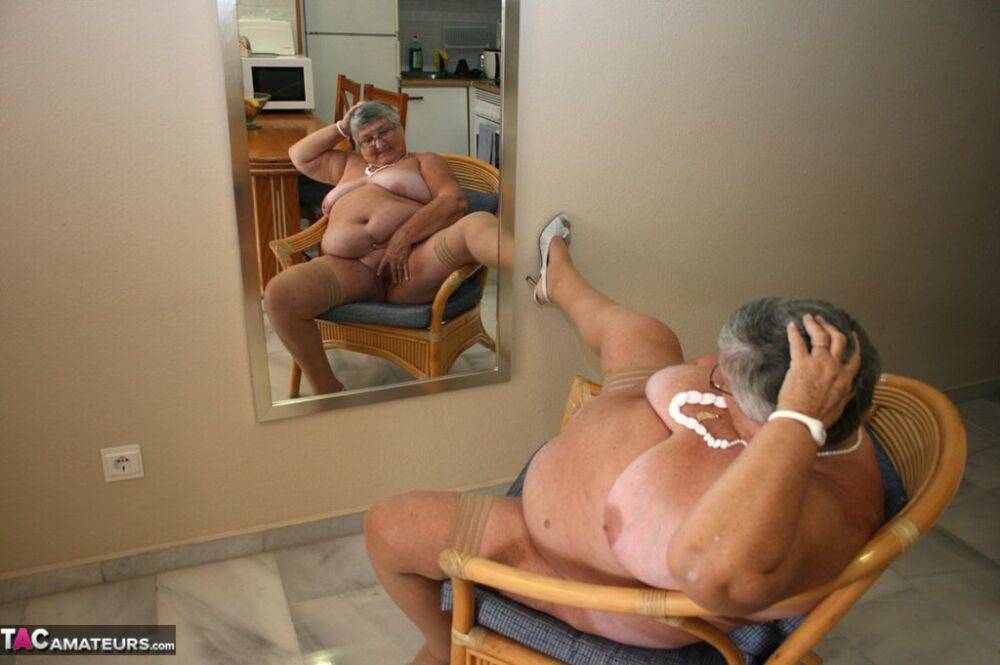 Silver haired granny Grandma Libby exposes her obese figure afore a mirror - #13