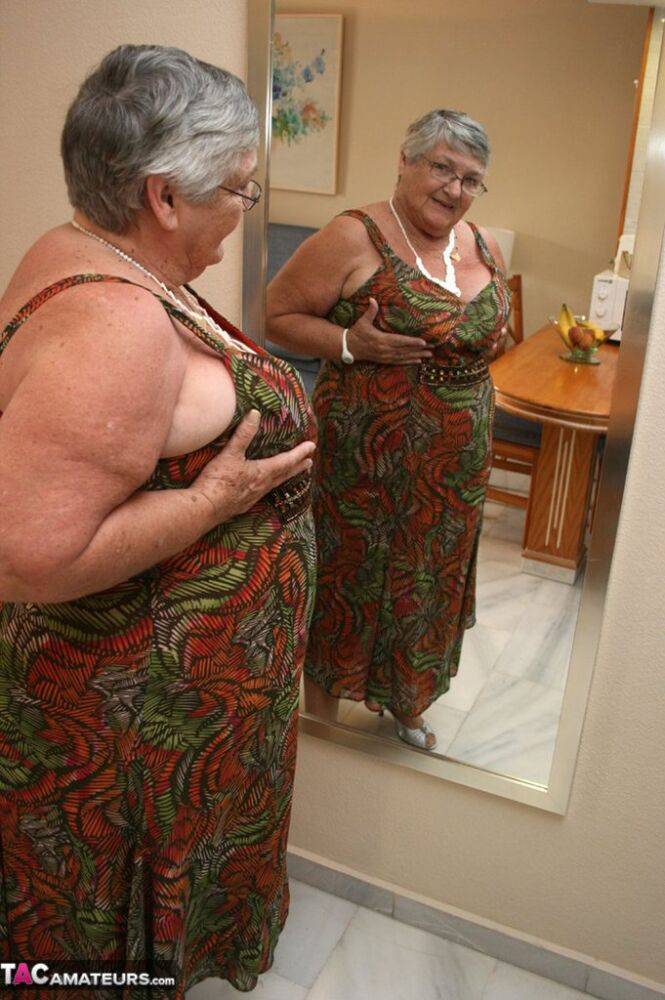 Silver haired granny Grandma Libby exposes her obese figure afore a mirror - #5