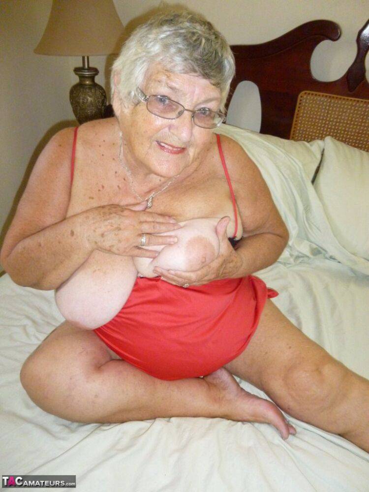 Old British woman Grandma Libby removes lingerie while toying her snatch - #9