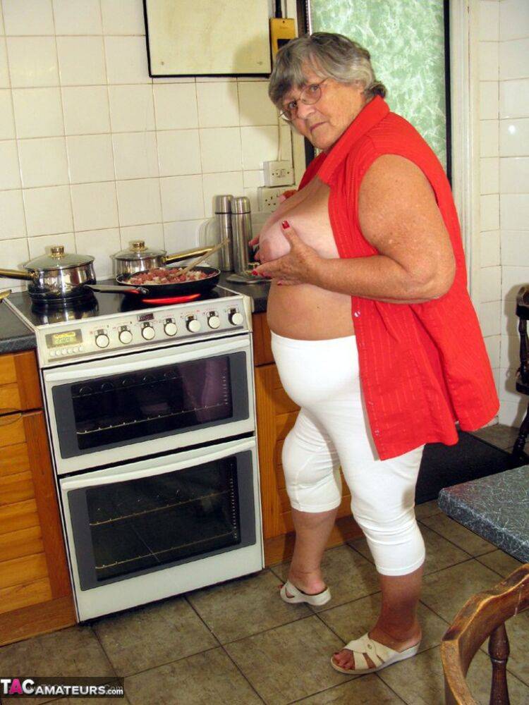 Obese female Grandma Libby masturbates with vegetables after cooking - #16