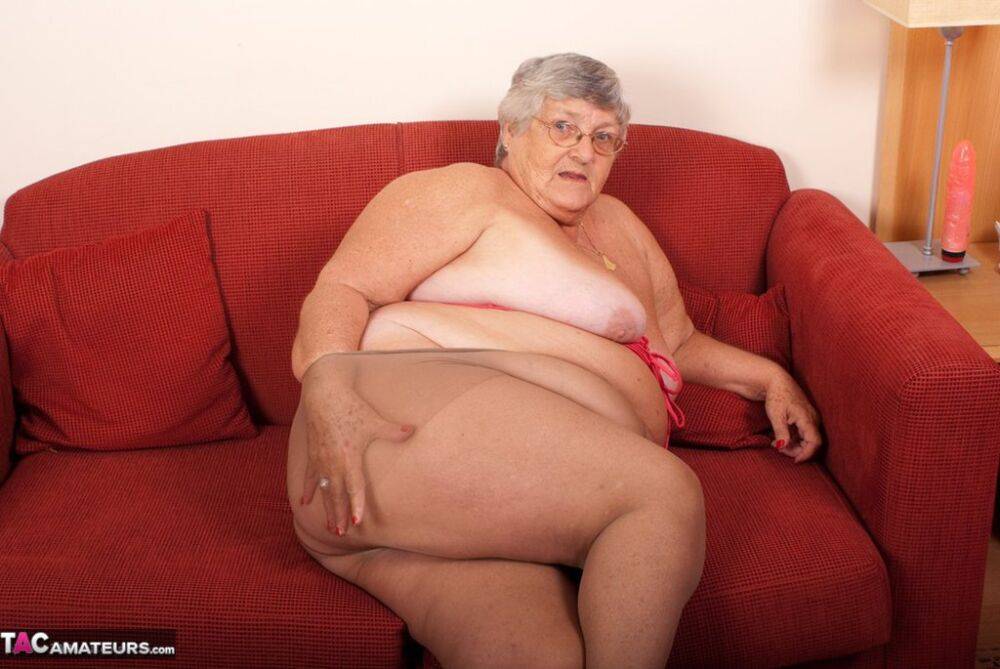 Obese nan Grandma Libby gets totally naked on a red chesterfield - #8