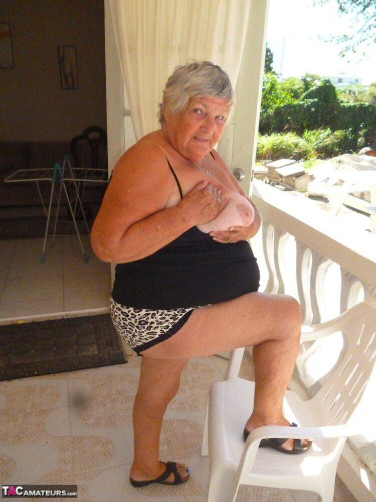 Fat oma Grandma Libby gets completely naked on a balcony by herself - #9