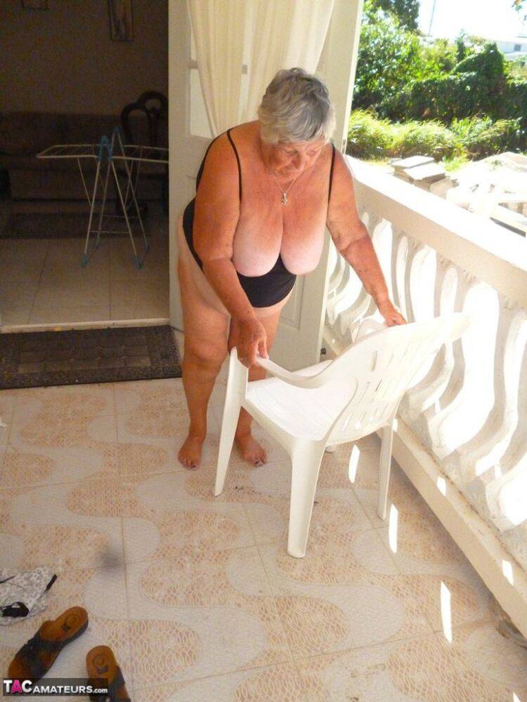Fat oma Grandma Libby gets completely naked on a balcony by herself - #7