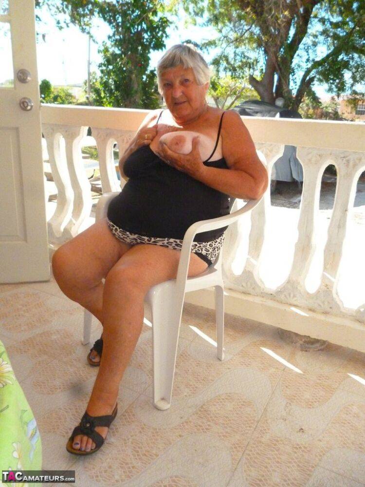Fat oma Grandma Libby gets completely naked on a balcony by herself - #13