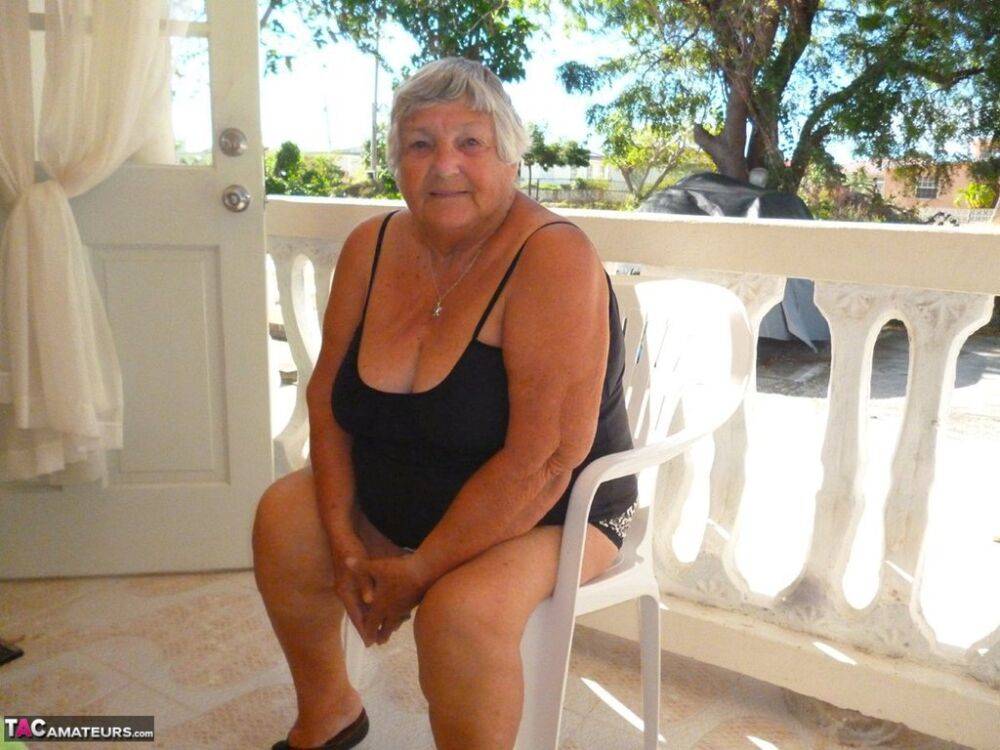 Fat oma Grandma Libby gets completely naked on a balcony by herself - #16