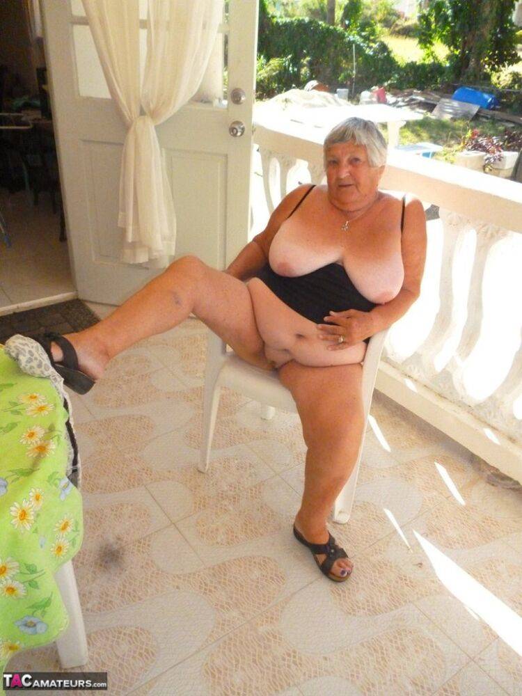 Fat oma Grandma Libby gets completely naked on a balcony by herself - #10