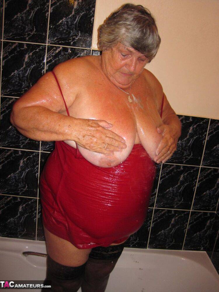 Obese nan Grandma Libby gets naked in stockings while in the shower - #16