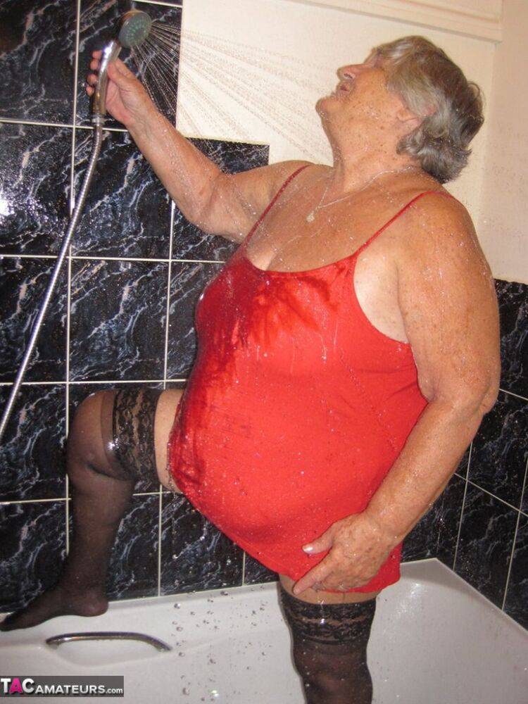 Obese nan Grandma Libby gets naked in stockings while in the shower - #11