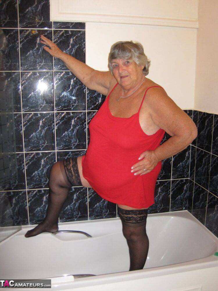 Obese nan Grandma Libby gets naked in stockings while in the shower - #10