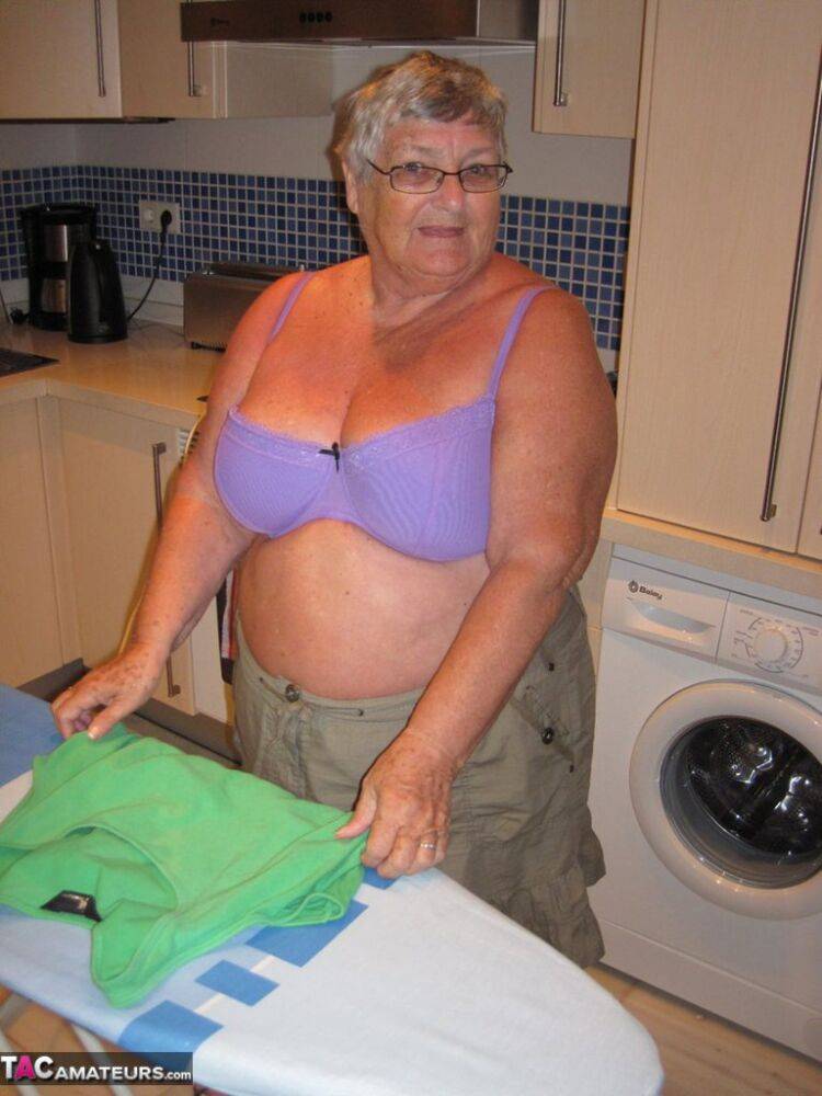Overweight British oma Grandma Libby exposes her boobs while ironing - #10