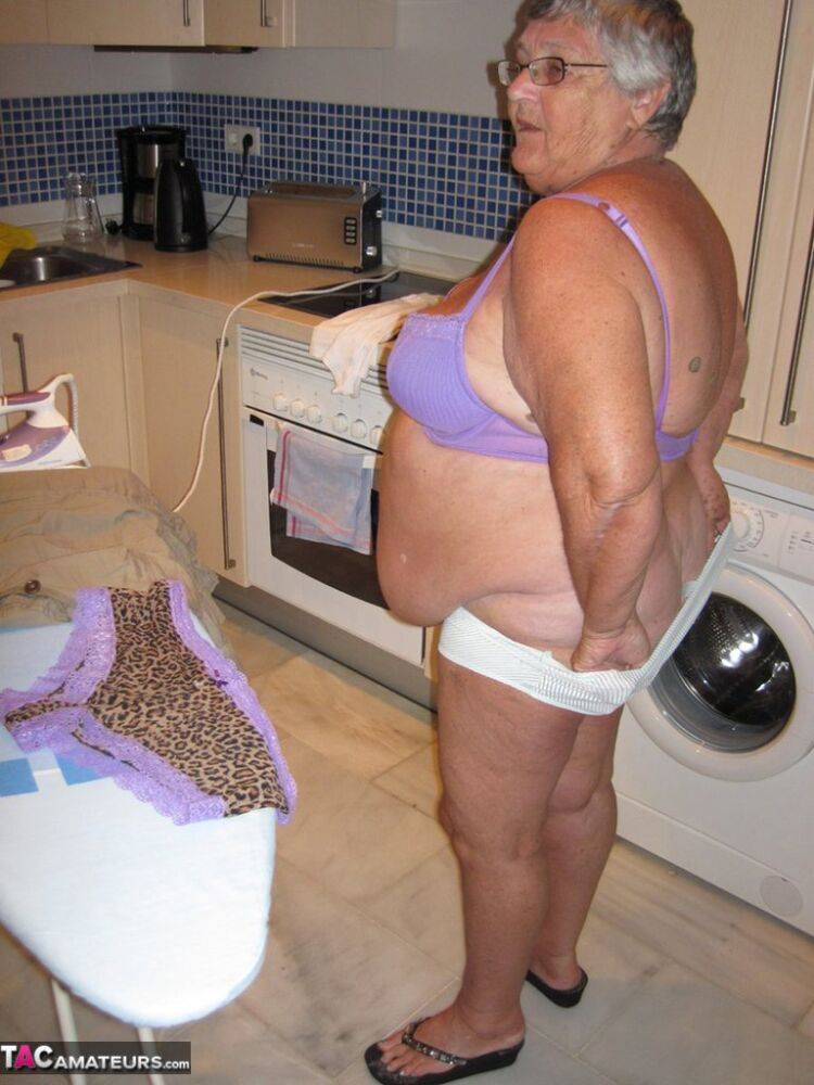 Overweight British oma Grandma Libby exposes her boobs while ironing - #15
