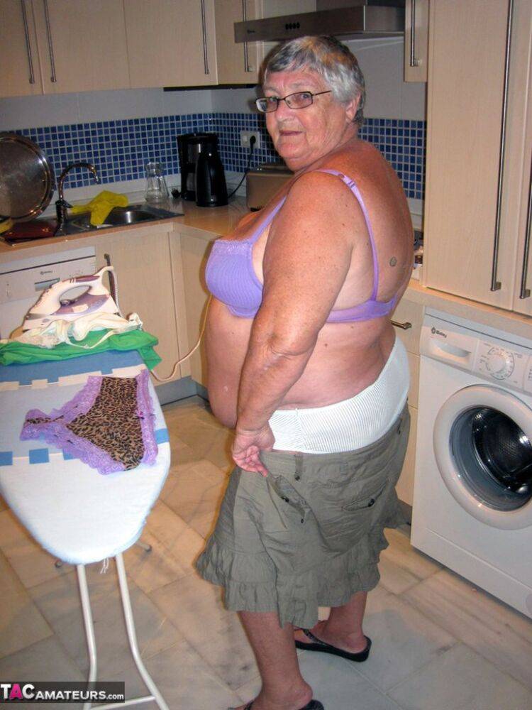 Overweight British oma Grandma Libby exposes her boobs while ironing - #11