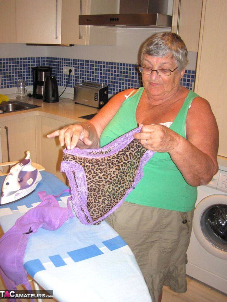 Overweight British oma Grandma Libby exposes her boobs while ironing - #2