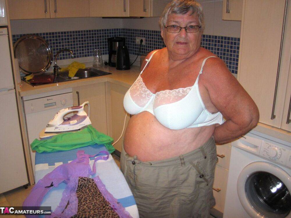 Overweight British oma Grandma Libby exposes her boobs while ironing - #8