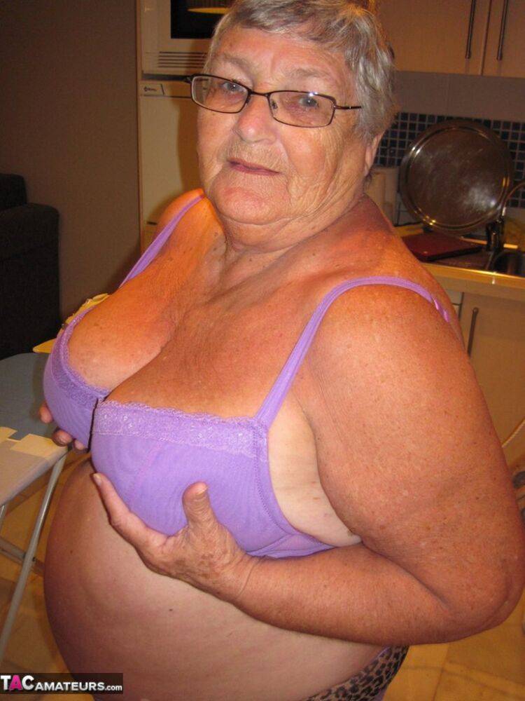 Overweight British oma Grandma Libby exposes her boobs while ironing - #3