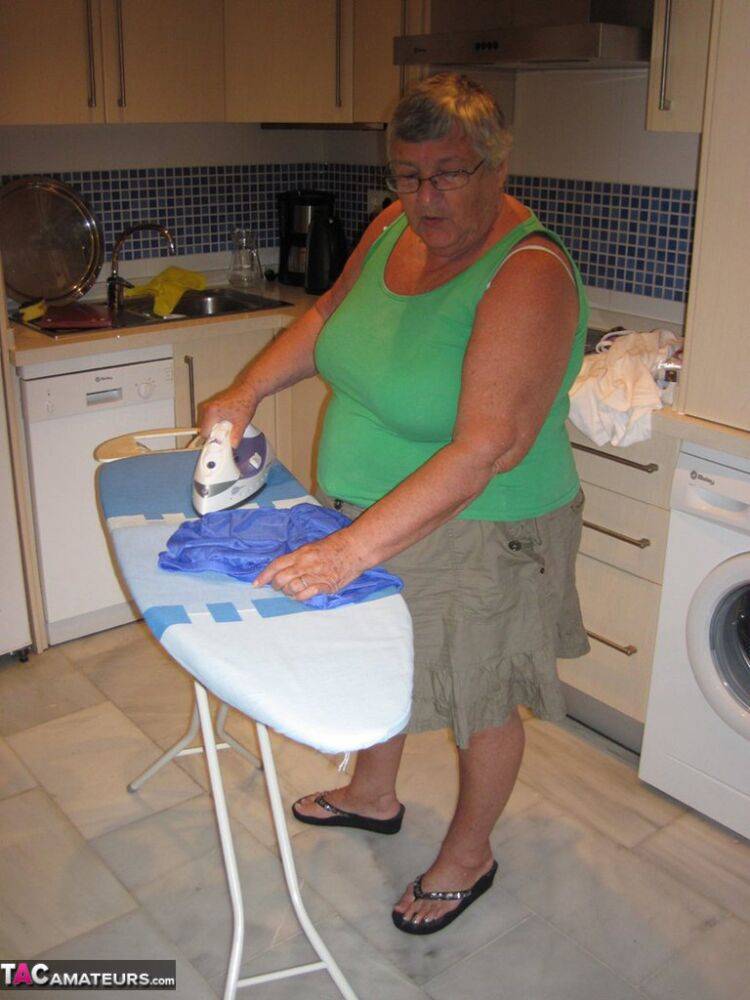 Overweight British oma Grandma Libby exposes her boobs while ironing - #1