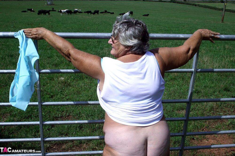 Old British woman Grandma Libby exposes herself next to a field of cattle - #12