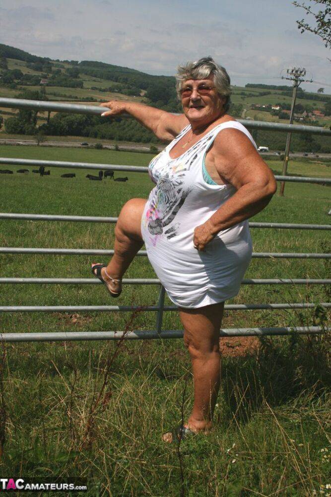 Old British woman Grandma Libby exposes herself next to a field of cattle - #15
