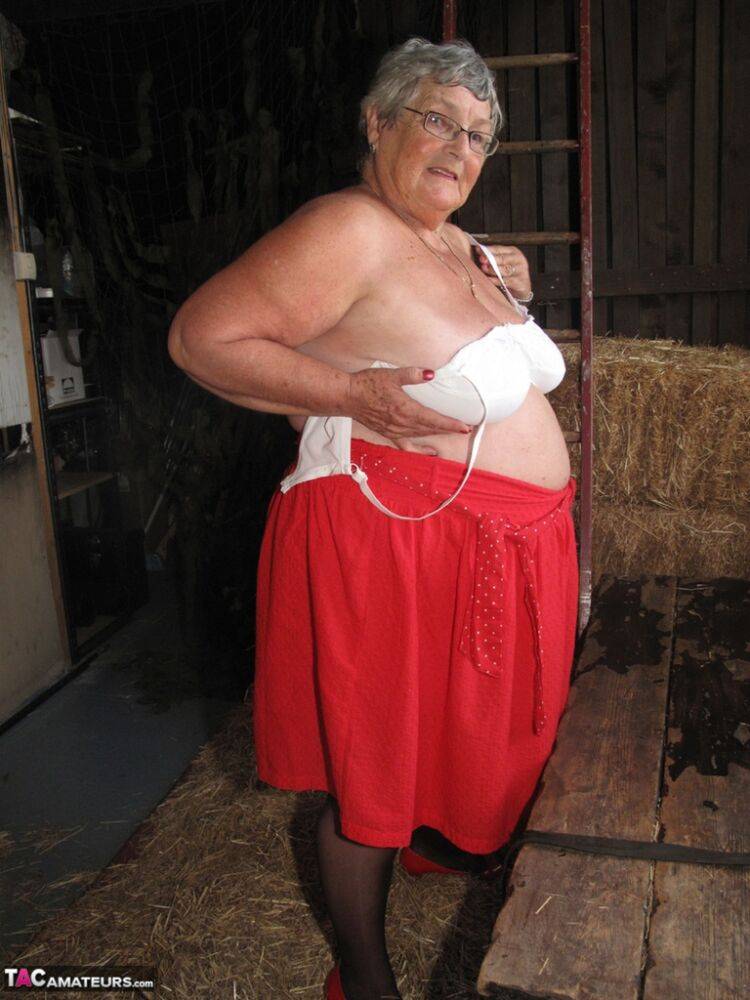 Obese British nan Grandma Libby gets naked in stockings on a bed of straw - #1