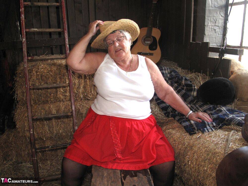 Obese British nan Grandma Libby gets naked in stockings on a bed of straw - #14