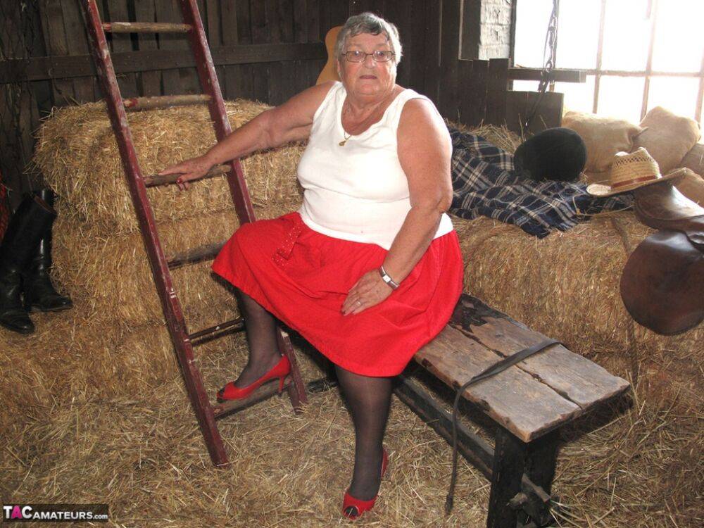 Obese British nan Grandma Libby gets naked in stockings on a bed of straw - #5