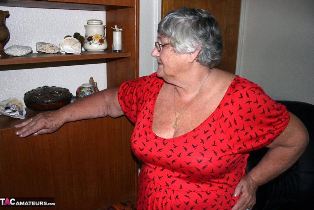 Obese nan Grandma Libby parts her shaved pussy after removing satin underwear - #15