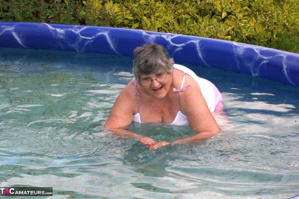 Overweight UK nan Grandma Libby exposes her boobs in a backyard swimming pool - #5