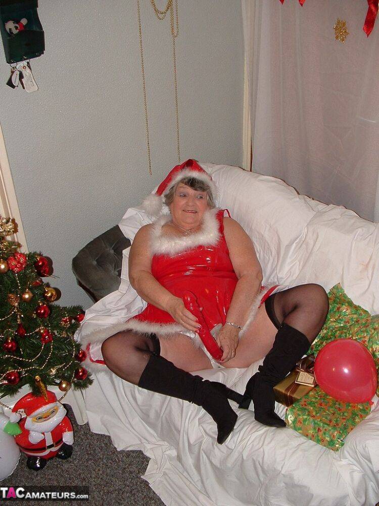 Obese nan Grandma Libby sucks and fucks Santa on a covered couch - #5