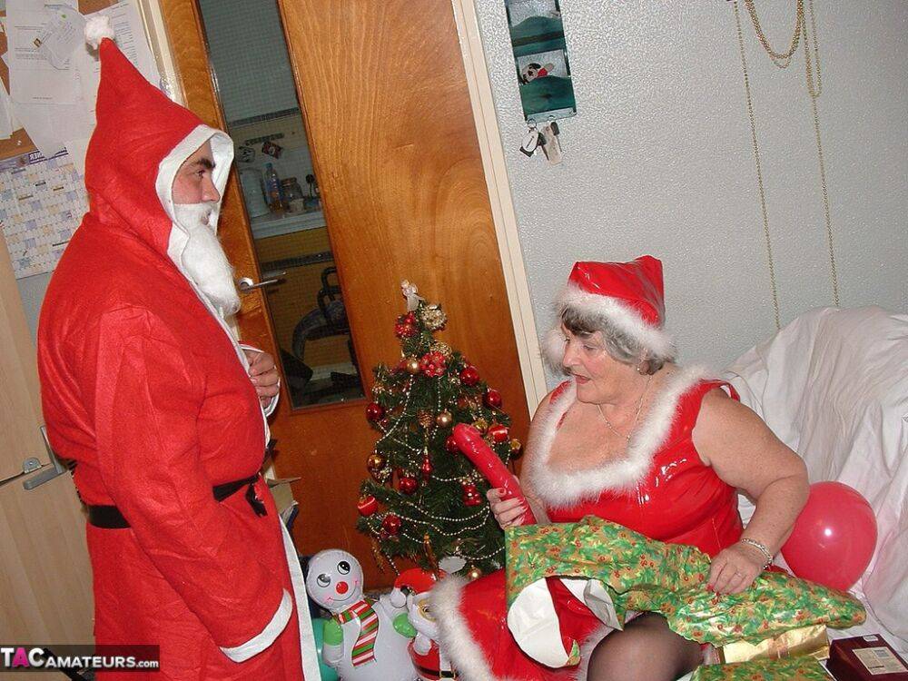 Obese nan Grandma Libby sucks and fucks Santa on a covered couch - #13