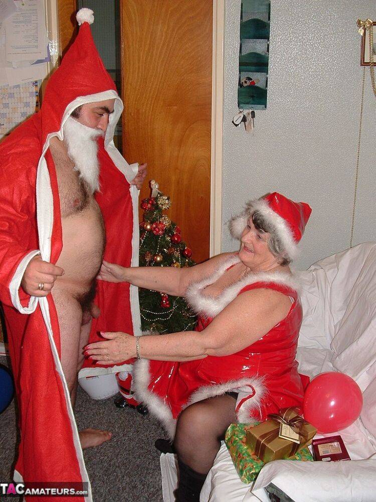 Obese nan Grandma Libby sucks and fucks Santa on a covered couch - #1