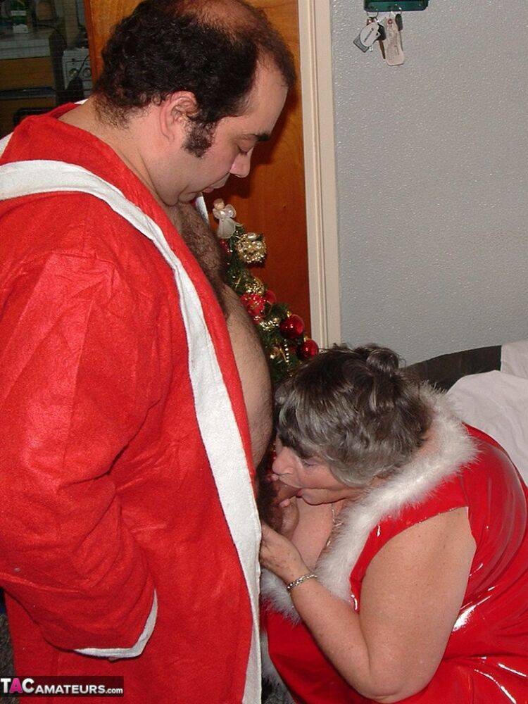 Obese nan Grandma Libby sucks and fucks Santa on a covered couch - #11